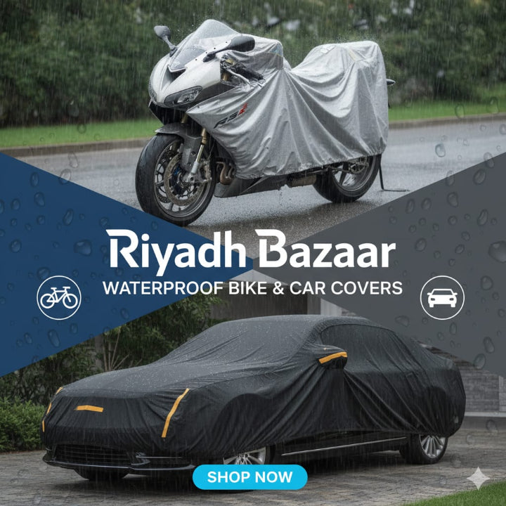 Motorcycle and car covered with waterproof covers on a rainy day, featuring Riyadh Bazaar branding.